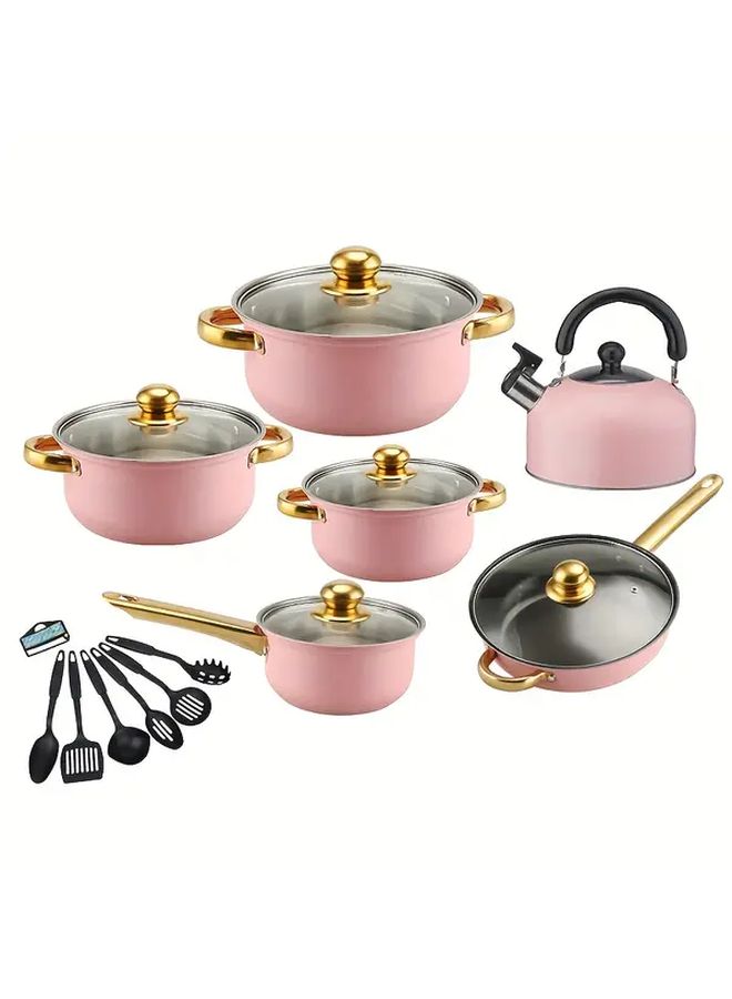 Pink Stainless Steel Nonstick Cookware Set 18pcs Induction Cookware Kit - Image 2