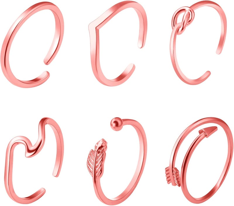 klarako 6Pcs Arrow Knot Wave Rings for Women Adjustable Knuckle Rings for Women 14K Gold Silver Stackable Finger Rings Open Rings for Teen Girls - Image 1