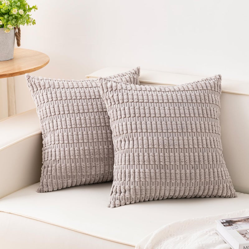Aegero Pack of 2 Corduroy Decorative Throw Pillow Covers 18x18 Inch Soft Striped Pillow Covers Modern Farmhouse Home Decor for Sofa Living Room Couch Bedï¼ˆSilver Grayï¼‰ - Image 1