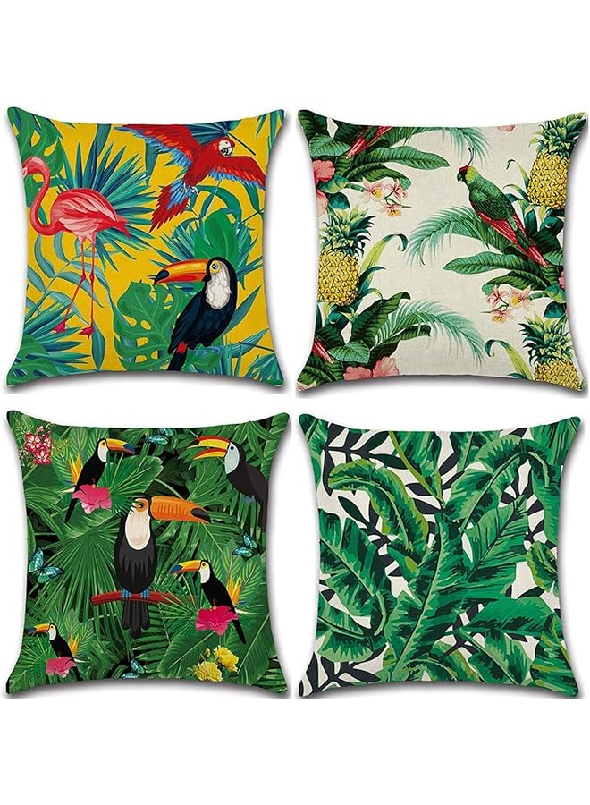 The Bros Throw Pillow Covers Green Cushion Covers Leaf, Tropical linen pillow covers with flamingo, Pack of 4 square jungle throw pillowcase, For sofa, couch, bedroom outdoor cushions 45 cm x 45 cm - Image 1