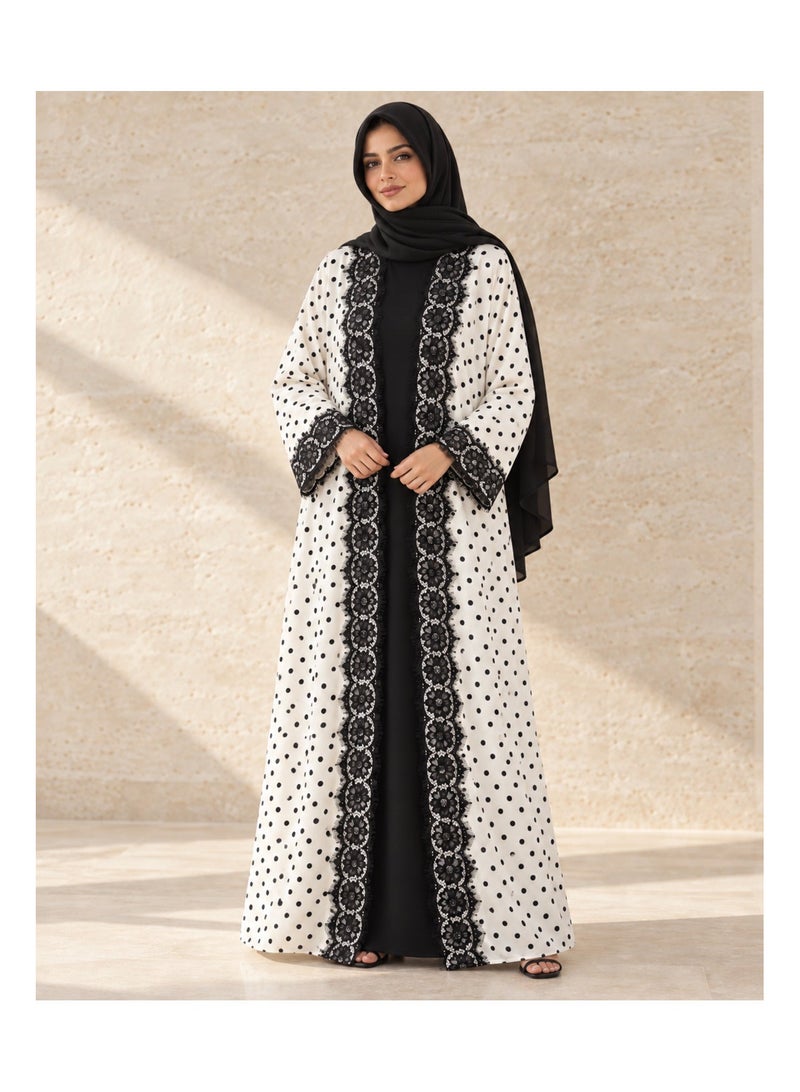 KAVALEE Women's Luna Polka Dot Floral Lace Double-Layered Open Abaya - Ivory & Black - Image 2