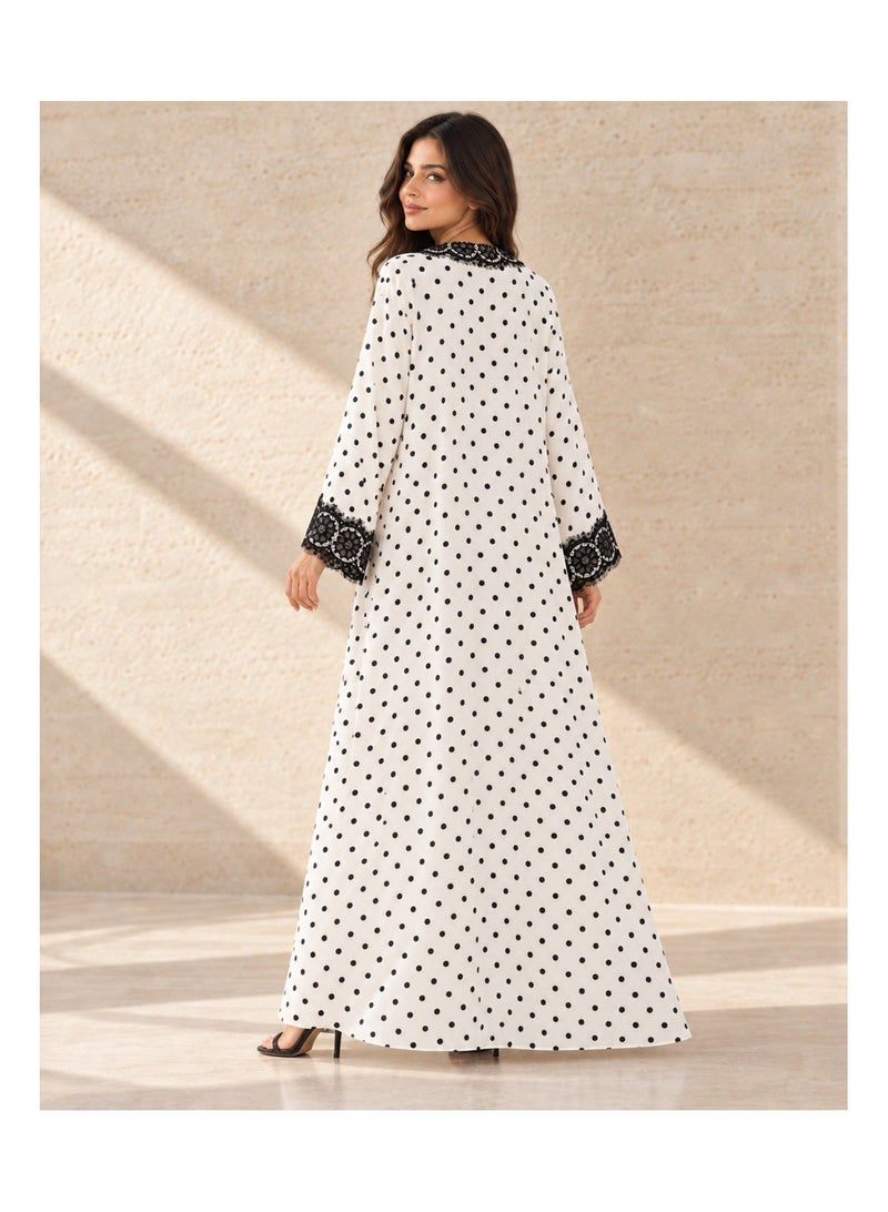 KAVALEE Women's Luna Polka Dot Floral Lace Double-Layered Open Abaya - Ivory & Black - Image 4