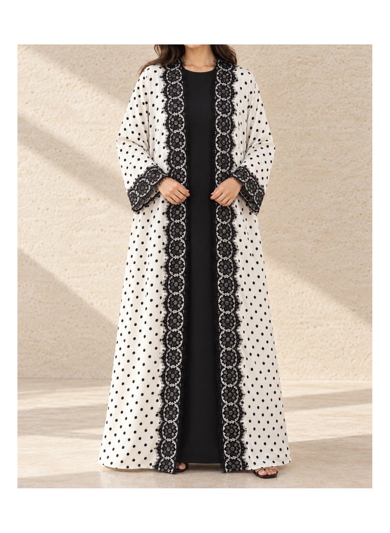 KAVALEE Women's Luna Polka Dot Floral Lace Double-Layered Open Abaya - Ivory & Black - Image 5