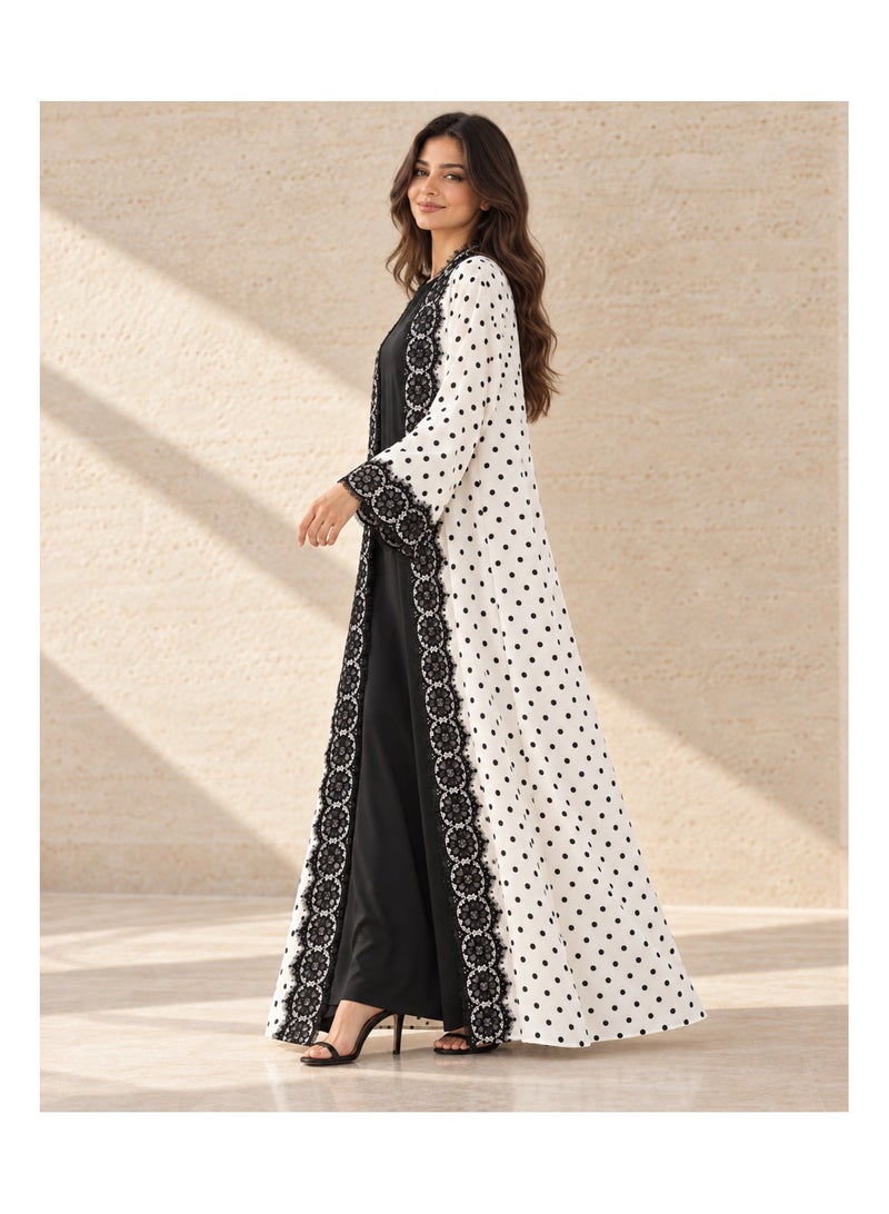 KAVALEE Women's Luna Polka Dot Floral Lace Double-Layered Open Abaya - Ivory & Black - Image 3
