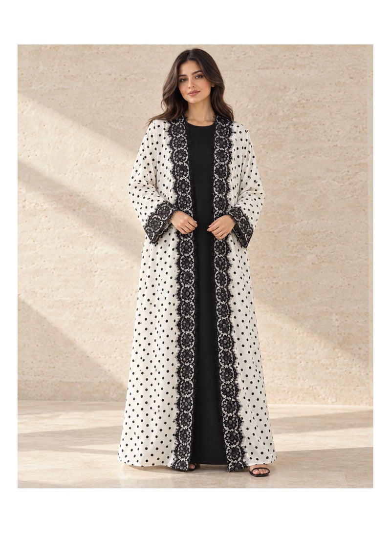 KAVALEE Women's Luna Polka Dot Floral Lace Double-Layered Open Abaya - Ivory & Black - Image 1