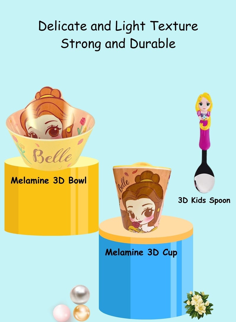 Disney 3Pcs Kids Dinnerware Set Melamine Feeding 3D Bowl,Cups & Spoon For Kids Age 2+ (Belle) - Image 5