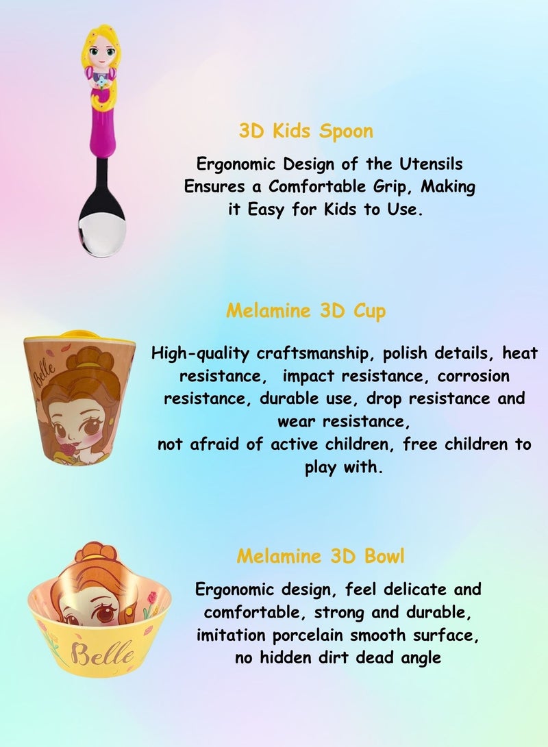 Disney 3Pcs Kids Dinnerware Set Melamine Feeding 3D Bowl,Cups & Spoon For Kids Age 2+ (Belle) - Image 4