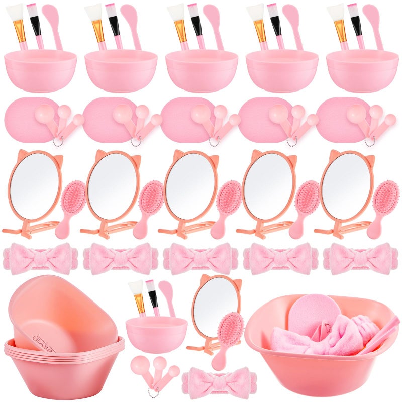 FillTouch 6 Set Spa Party Supplies for Women Pink Facial Mask Bowl Set with Facial Mask Bowls Spatula Brush Puff Measuring Scoop Basin Mirror Air Cushion Comb Headband Spa Birthday Party Favor
