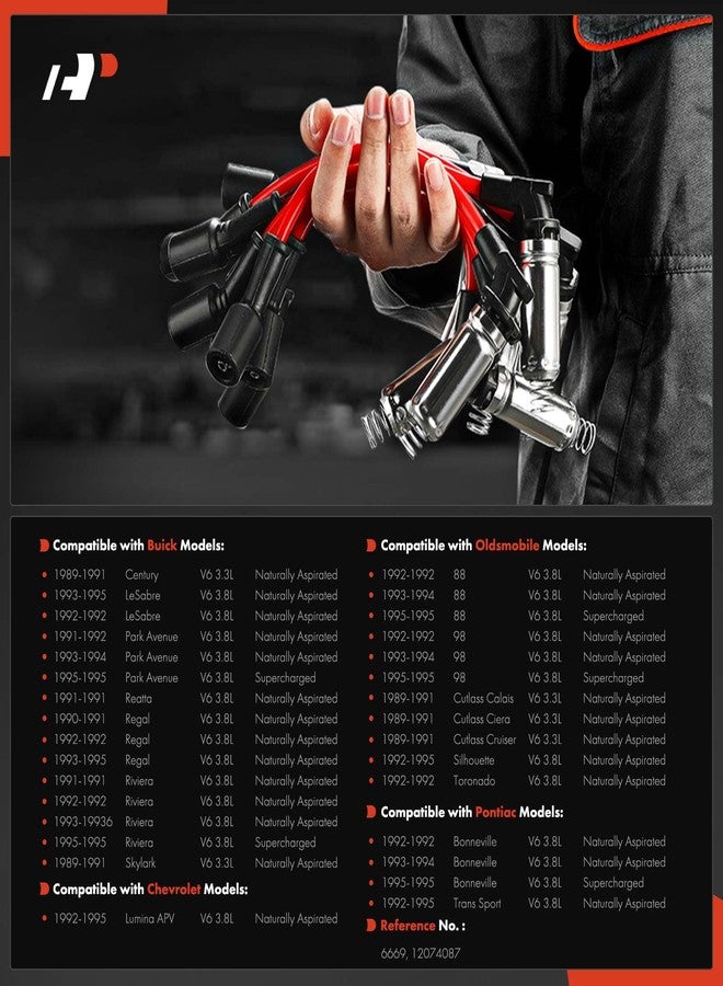 A-Premium Spark Plug Wire Set Compatible with Buick Regal Century Riviera Chevrolet Lumina APV Oldsmobile 88 98 Silhouette Pontiac Bonneville 6-PC Set - Image 2