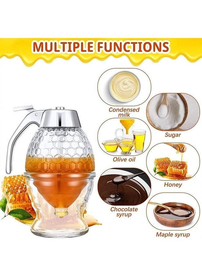 Arabest - Honey Dispenser No Drip Plastic,Maple Syrup Dispenser Plastic,Comb Shaped Honey Pot,Honey Jar with Stand and Bee Decor - Image 1