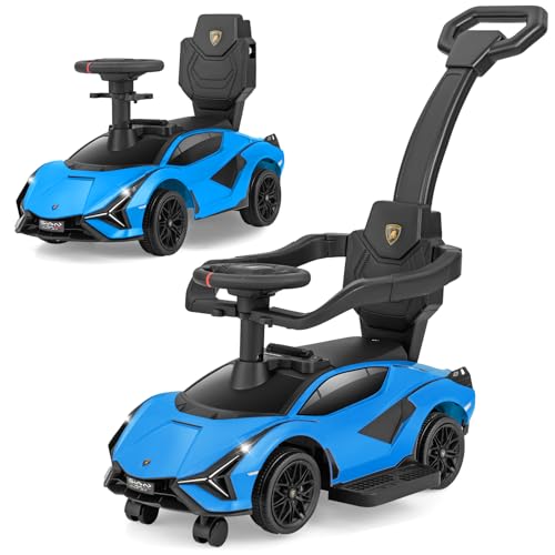 OLAKIDS 3 in 1 Ride on Push Car Licensed Lamborghini SIAN Baby Sliding with Parent Control Handle Universal Wheels Guardrails Toddlers Walking Toy with Music Under Seat Storage Blue - Image 1