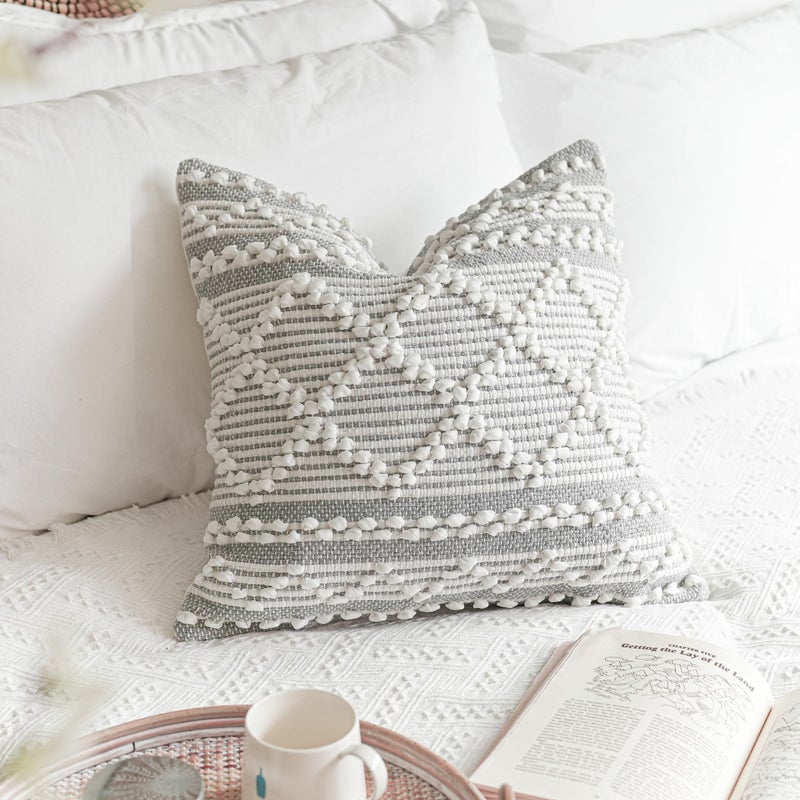 BlissBlush Gray White Decorative Throw Pillow Cover 20X20 Boho Accent Pillow for Couch Square Modern Farmhouse Pillowcase for Living Room Couch Sofa Cushion Home Dcor Pack of 1