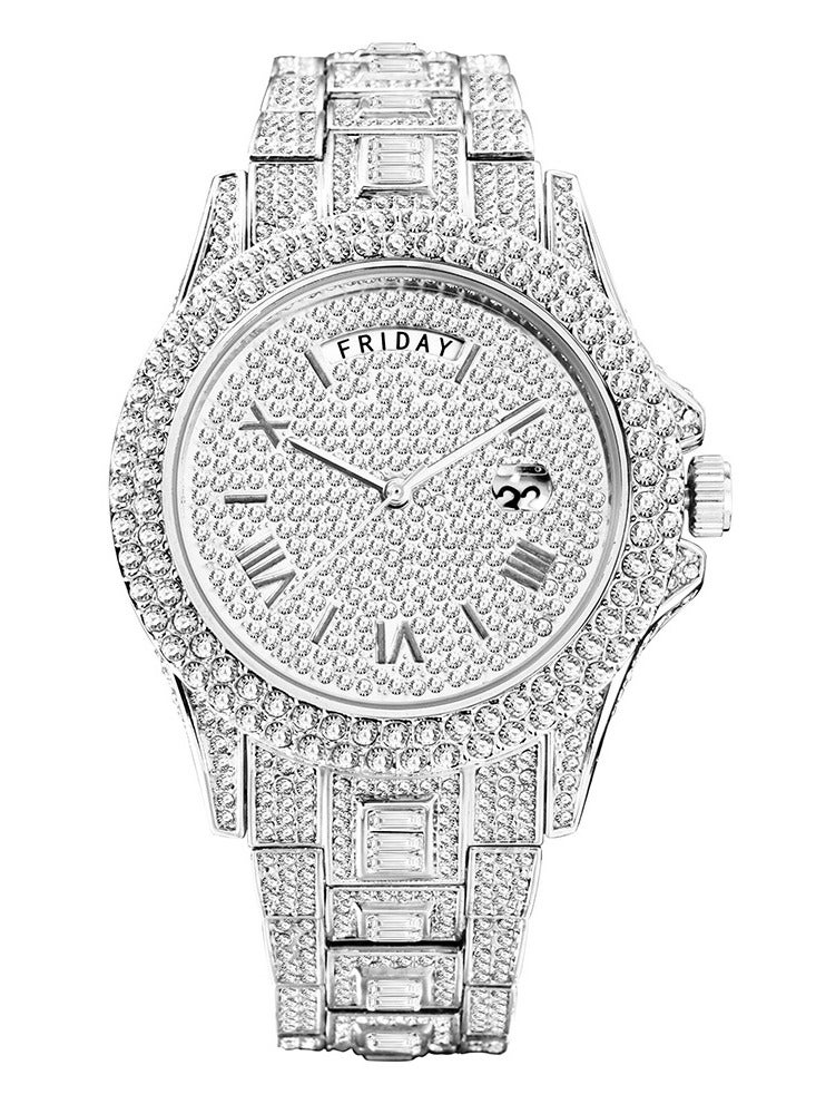  Cemho Men's Diamond Watch Fashion Crystal Rhinestone Quartz Watch Iced-Out Bracelet Wrist Watch Full Diamond Hip Hop Water Ghost Week Calendar Men's Watch  - Image 1