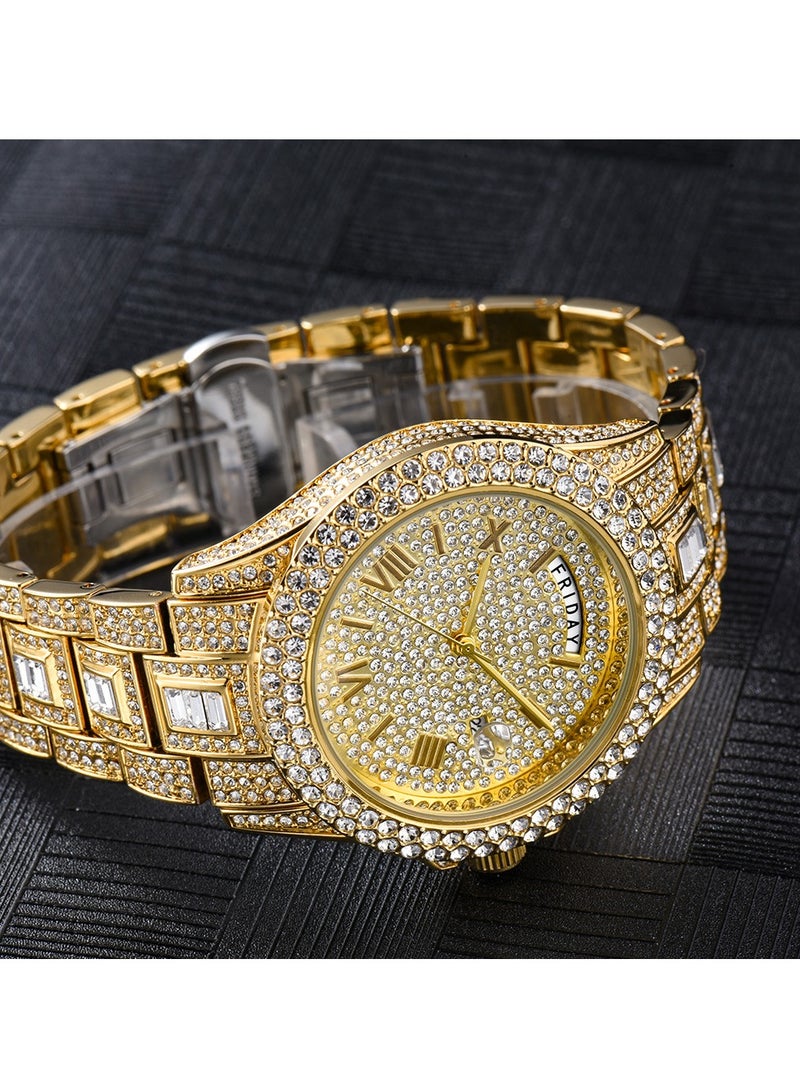  Cemho Men's Diamond Watch Fashion Crystal Rhinestone Quartz Watch Iced-Out Bracelet Wrist Watch Full Diamond Hip Hop Water Ghost Week Calendar Men's Watch  - Image 4