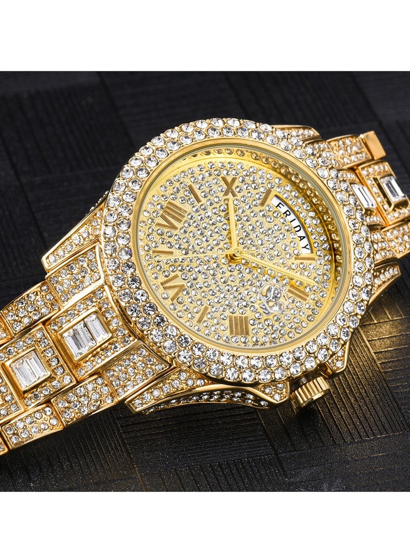  Cemho Men's Diamond Watch Fashion Crystal Rhinestone Quartz Watch Iced-Out Bracelet Wrist Watch Full Diamond Hip Hop Water Ghost Week Calendar Men's Watch  - Image 5
