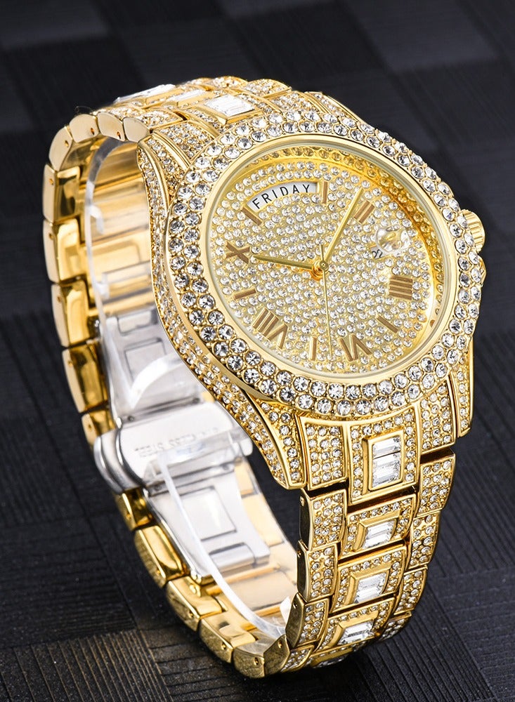 Cemho Men's Diamond Watch Fashion Crystal Rhinestone Quartz Watch Iced-Out Bracelet Wrist Watch Full Diamond Hip Hop Water Ghost Week Calendar Men's Watch  - Image 2