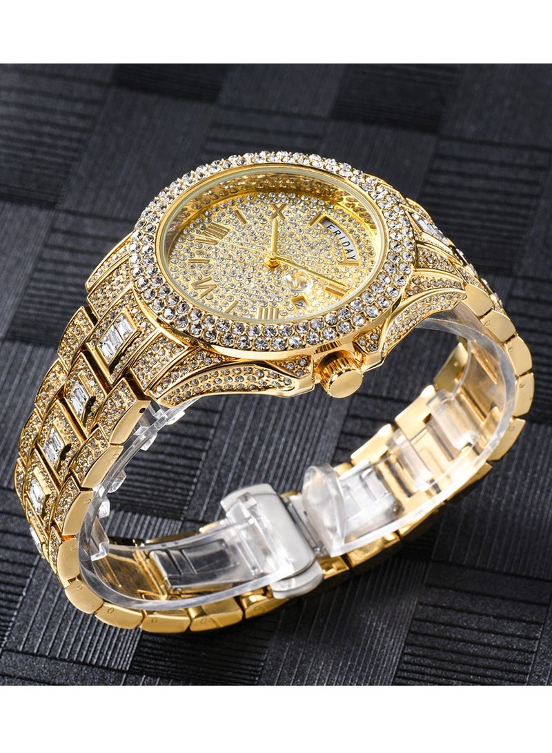  Cemho Men's Diamond Watch Fashion Crystal Rhinestone Quartz Watch Iced-Out Bracelet Wrist Watch Full Diamond Hip Hop Water Ghost Week Calendar Men's Watch  - Image 3