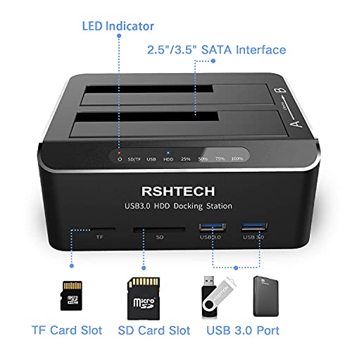 Rshtech Hard Drive Docking Station RSHTECH USB 3.0 Aluminum Dual Bay Hard Drive Dock for 2.5" & 3.5" SATA HDD SSD with SD/Micro SD Card Reader and Offline Clone/Duplicator Function Support 16TB Tool-Free - Image 5