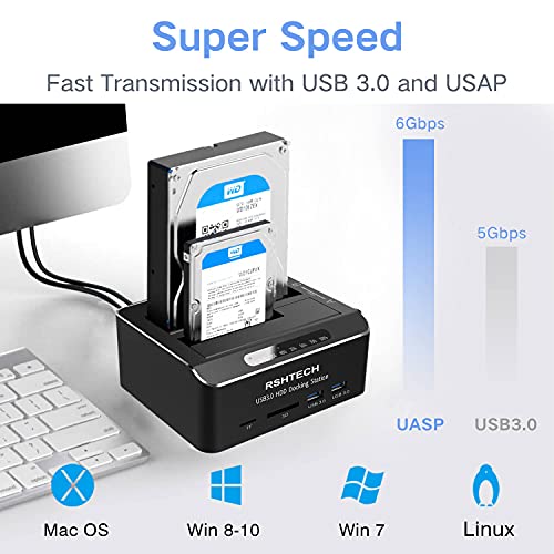 Rshtech Hard Drive Docking Station RSHTECH USB 3.0 Aluminum Dual Bay Hard Drive Dock for 2.5" & 3.5" SATA HDD SSD with SD/Micro SD Card Reader and Offline Clone/Duplicator Function Support 16TB Tool-Free - Image 3