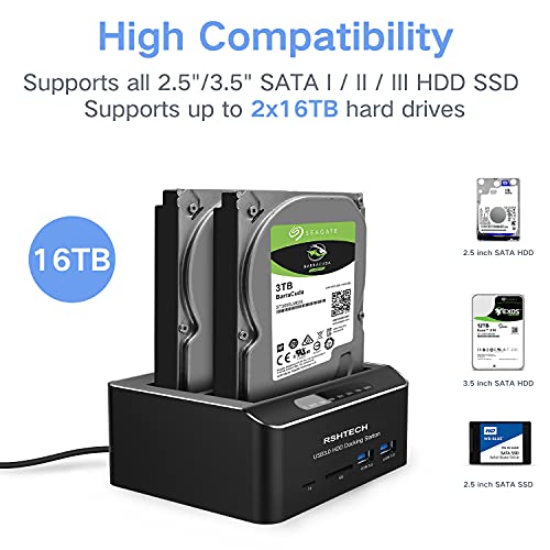 Rshtech Hard Drive Docking Station RSHTECH USB 3.0 Aluminum Dual Bay Hard Drive Dock for 2.5" & 3.5" SATA HDD SSD with SD/Micro SD Card Reader and Offline Clone/Duplicator Function Support 16TB Tool-Free - Image 4