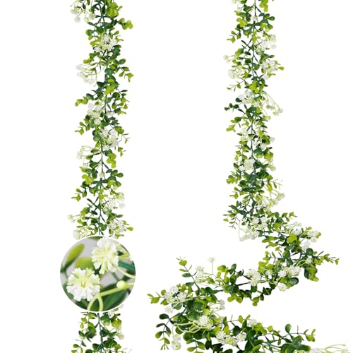 HIAGROW 6FT Eucalyptus Garland with Flowers, 2 Pack Artificial Greenery Garland Hanging Faux Eucalyptus Garland Suitable for Table Wedding Backdrop Arch Wall Party UV Protected Indoor Outdoor Decor - Image 1