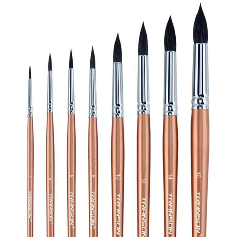 Transon 8pcs Round Watercolor Paint Brush Set Goat Hair for Watercolors,Acrylics,Inks,Gouache,Oil and Tempera - Image 1