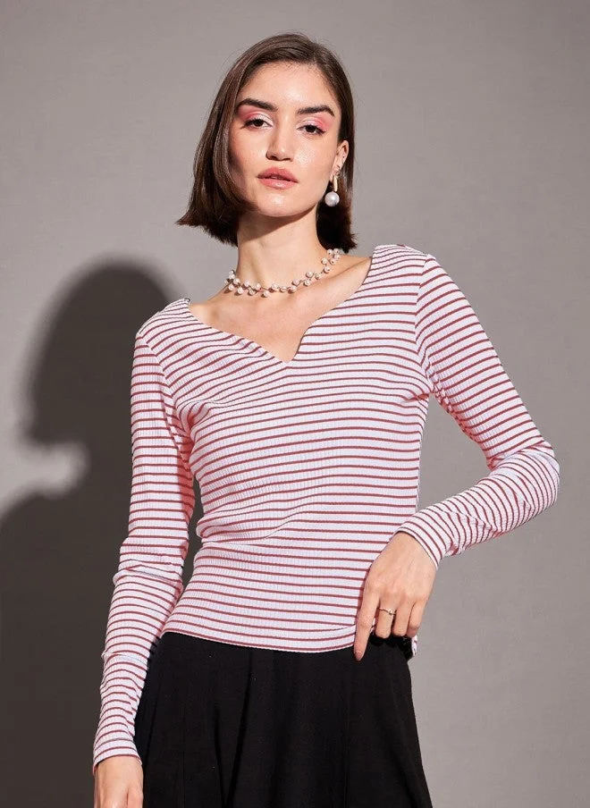 SASSAFRAS Sweetheart Neck Striped Cotton Top for Women