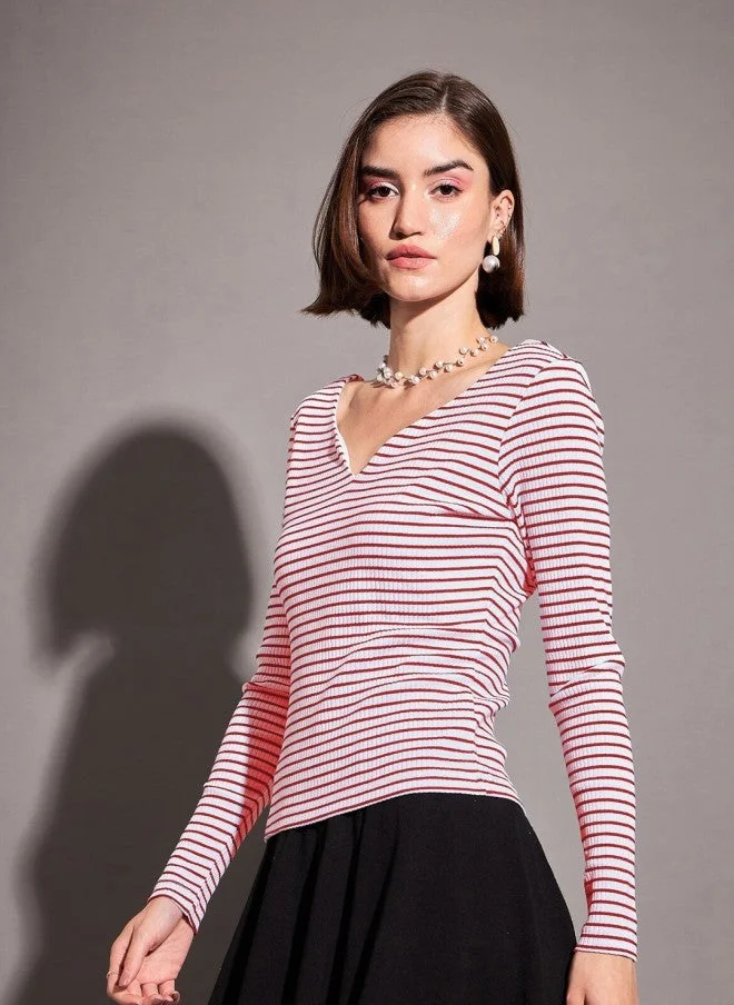SASSAFRAS Sweetheart Neck Striped Cotton Top for Women