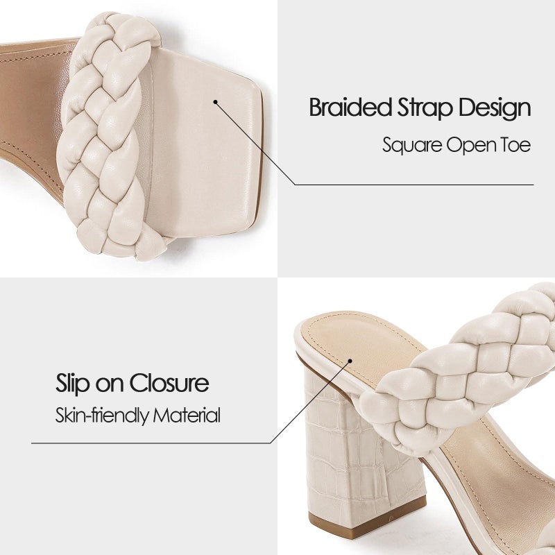 Syktkmx Womens Braided Heels Sandals Chunky Block Heel Double Strap Summer Dressy Sandal, Nude, Size 8.5 - Image 3