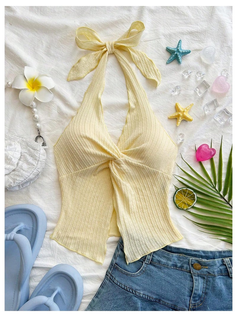 SHENHE Women's Twist Front Tie Halter Neck Split Hem Backless Summer Going Out Crop Top Yellow Medium - Image 3