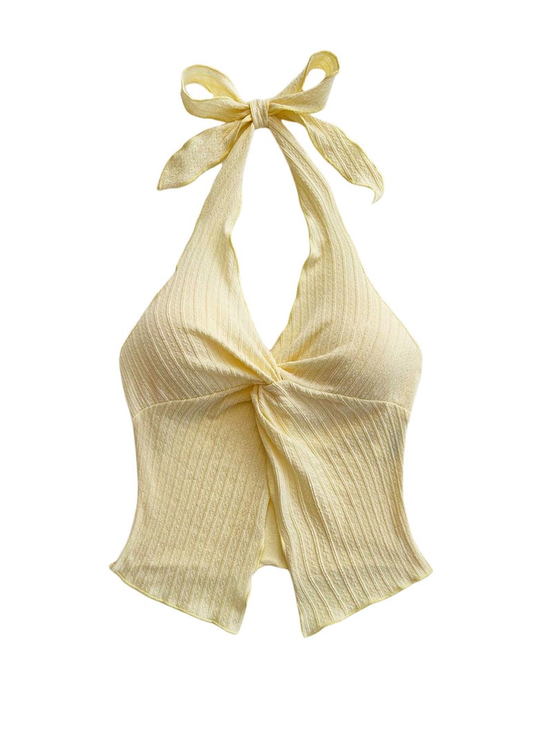SHENHE Women's Twist Front Tie Halter Neck Split Hem Backless Summer Going Out Crop Top Yellow Medium - Image 1