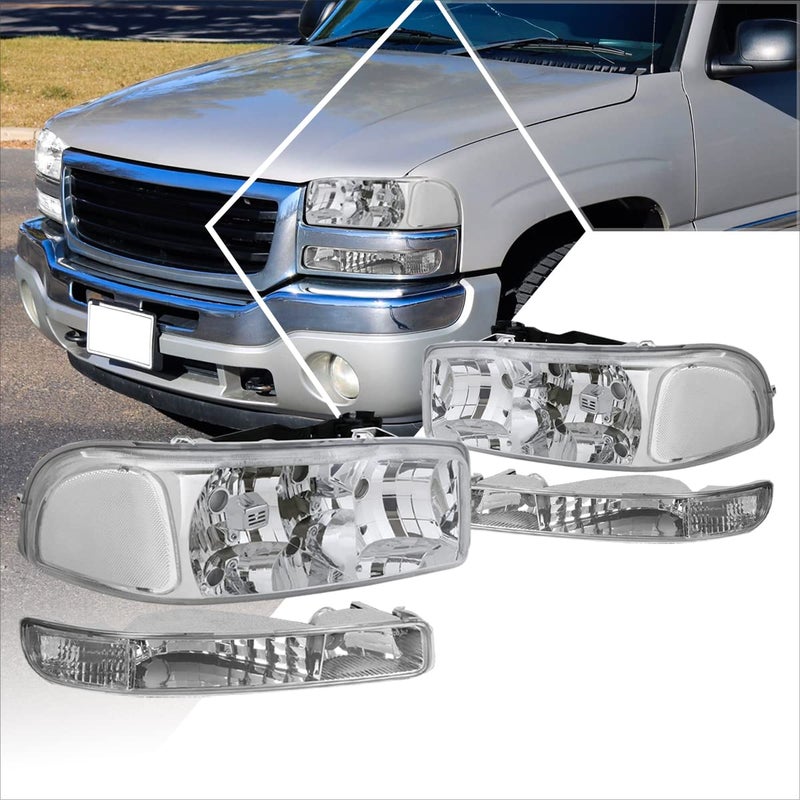 PM PERFORMOTOR 4Pcs Headlights AssemblyBumper Lamps Compatible with 9907 Sierra Yukon XLChrome HousingClear Corner