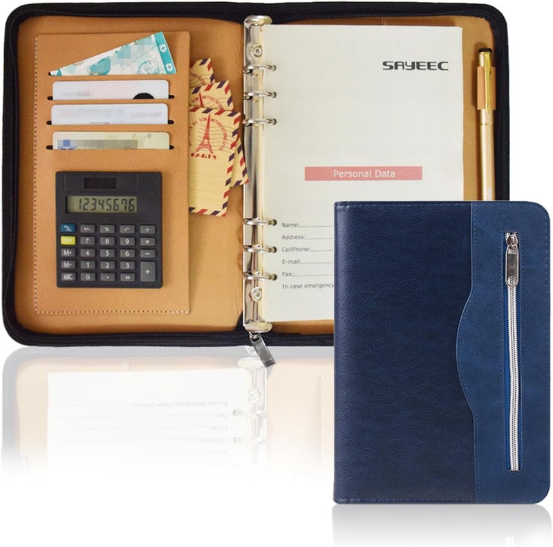 SAYEEC A5 Multifunctional Zippered Notebook Travel Notebook Business 6Ring Binder Meeting Folder Loose leaf Notepad with Calculator Pen Holder for Men Women - Image 1