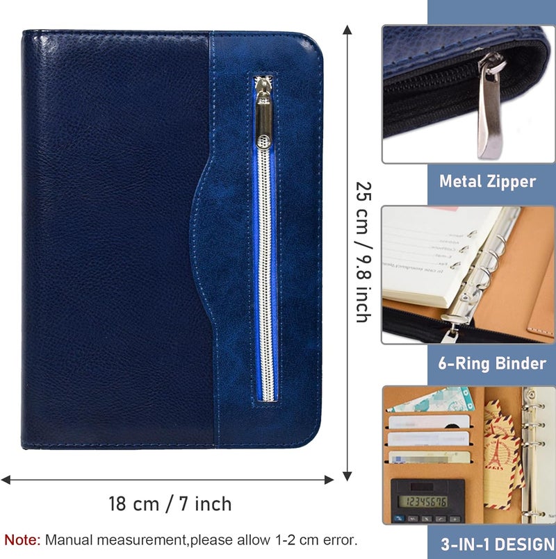 SAYEEC A5 Multifunctional Zippered Notebook Travel Notebook Business 6Ring Binder Meeting Folder Loose leaf Notepad with Calculator Pen Holder for Men Women - Image 2