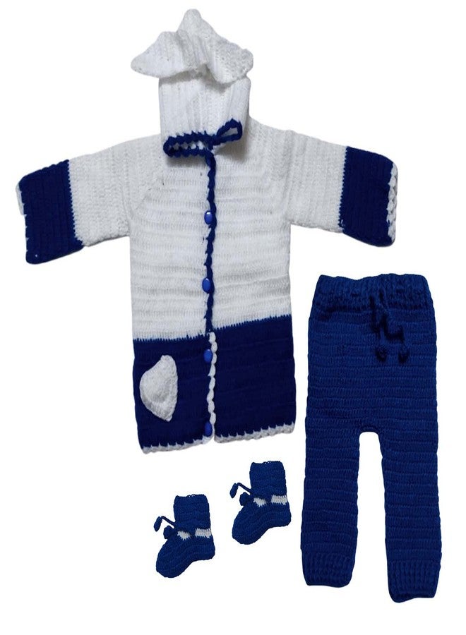 Cute Collection Hand Made New Born Baby Woolen Sweater with Pyjami and Cap for 6 to 9 Months Baby (Unisex) Blue & White - Image 1