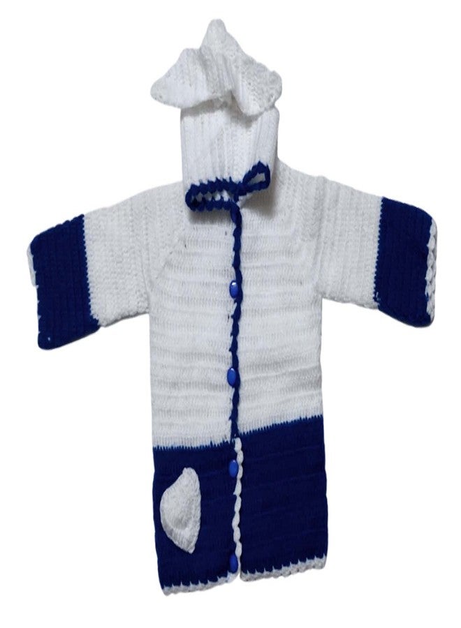 Cute Collection Hand Made New Born Baby Woolen Sweater with Pyjami and Cap for 6 to 9 Months Baby (Unisex) Blue & White - Image 2