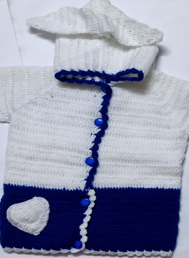 Cute Collection Hand Made New Born Baby Woolen Sweater with Pyjami and Cap for 6 to 9 Months Baby (Unisex) Blue & White - Image 3