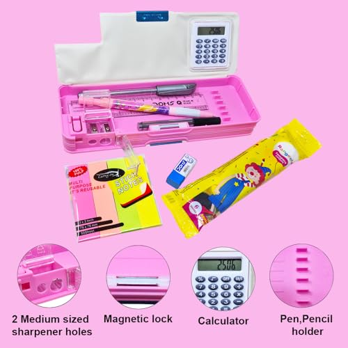 Sidak Unicorn Printed Stationery Combo Pencil Box with Calculator, Sharpener, Pen & Pencil Holder, Dual Side Magnetic Lock, Lead Pencil, Scale, Glitter Pen,Eraser,Stickey Notes,Watercolor for Kids - Image 4