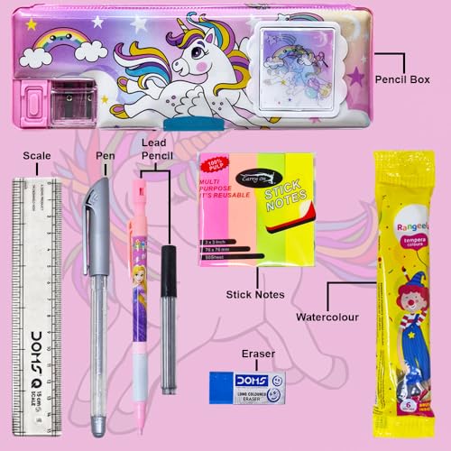 Sidak Unicorn Printed Stationery Combo Pencil Box with Calculator, Sharpener, Pen & Pencil Holder, Dual Side Magnetic Lock, Lead Pencil, Scale, Glitter Pen,Eraser,Stickey Notes,Watercolor for Kids - Image 2