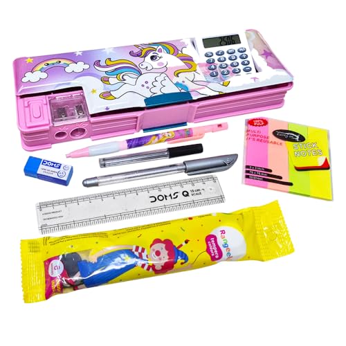 Sidak Unicorn Printed Stationery Combo Pencil Box with Calculator, Sharpener, Pen & Pencil Holder, Dual Side Magnetic Lock, Lead Pencil, Scale, Glitter Pen,Eraser,Stickey Notes,Watercolor for Kids - Image 1