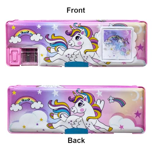 Sidak Unicorn Printed Stationery Combo Pencil Box with Calculator, Sharpener, Pen & Pencil Holder, Dual Side Magnetic Lock, Lead Pencil, Scale, Glitter Pen,Eraser,Stickey Notes,Watercolor for Kids - Image 5