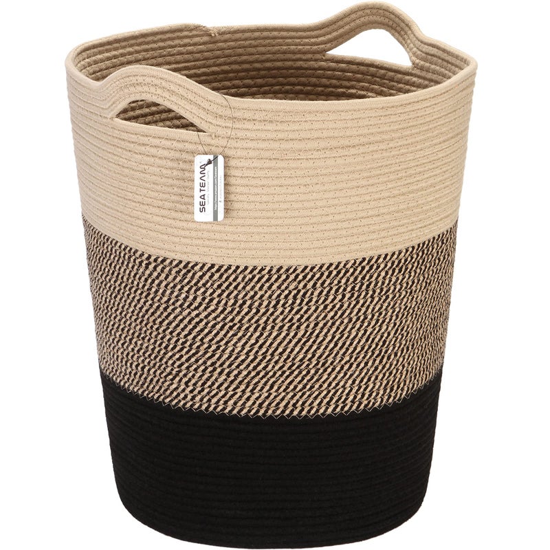 Sea Team Large Size Cotton Rope Woven Storage Basket with Handles  Laundry Hamper  Fabric Bucket  Drum  Clothes Toys Organizer for Kid's Room  20 x 14 inches  Round Open Design  Flaxen & Black - Image 1