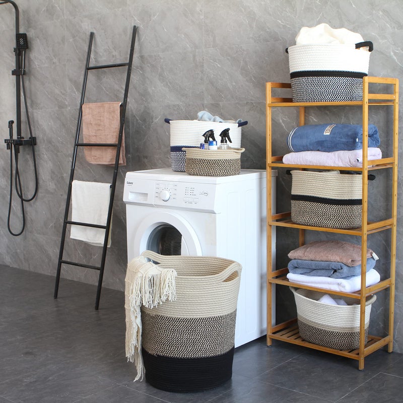Sea Team Large Size Cotton Rope Woven Storage Basket with Handles  Laundry Hamper  Fabric Bucket  Drum  Clothes Toys Organizer for Kid's Room  20 x 14 inches  Round Open Design  Flaxen & Black - Image 2