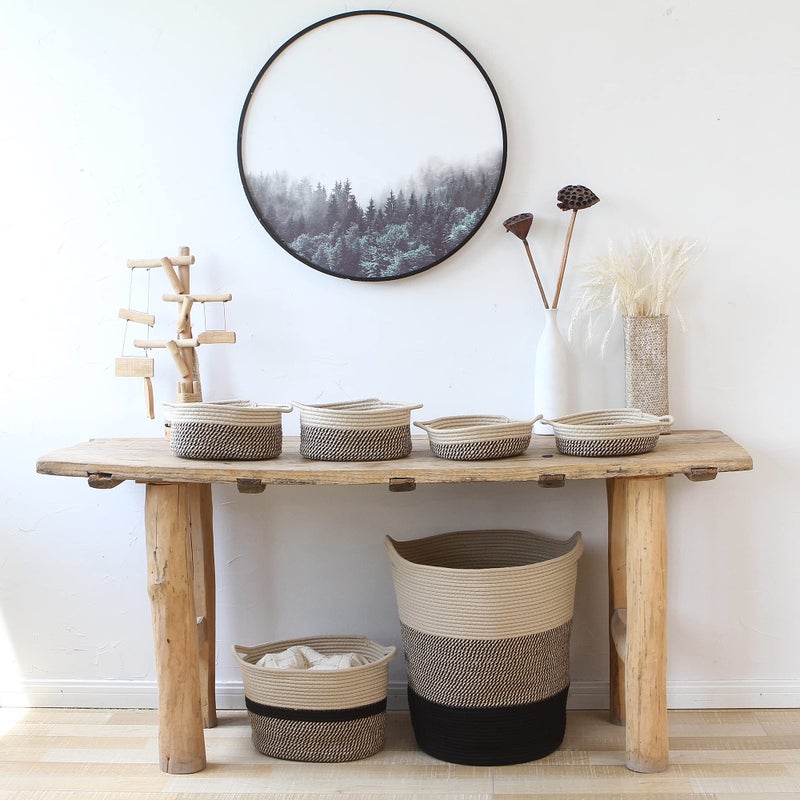 Sea Team Large Size Cotton Rope Woven Storage Basket with Handles  Laundry Hamper  Fabric Bucket  Drum  Clothes Toys Organizer for Kid's Room  20 x 14 inches  Round Open Design  Flaxen & Black - Image 4