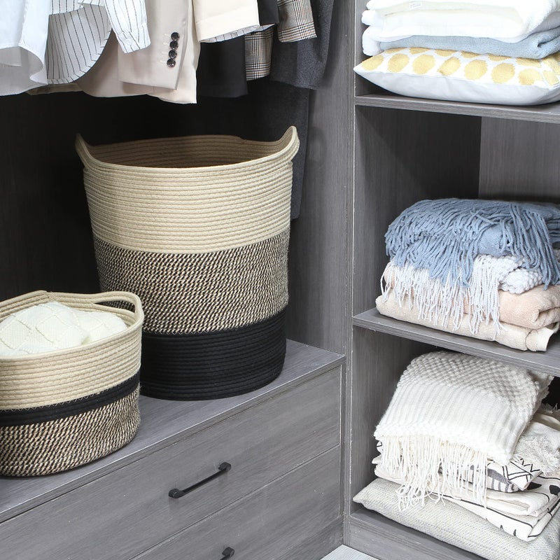 Sea Team Large Size Cotton Rope Woven Storage Basket with Handles  Laundry Hamper  Fabric Bucket  Drum  Clothes Toys Organizer for Kid's Room  20 x 14 inches  Round Open Design  Flaxen & Black - Image 3