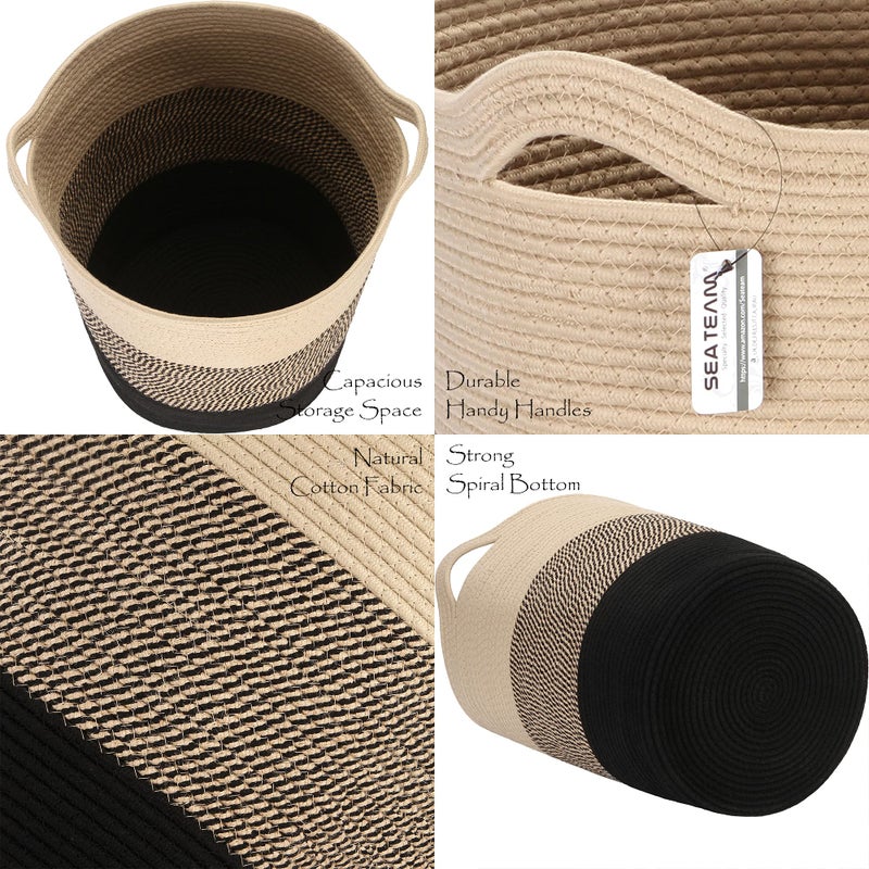 Sea Team Large Size Cotton Rope Woven Storage Basket with Handles  Laundry Hamper  Fabric Bucket  Drum  Clothes Toys Organizer for Kid's Room  20 x 14 inches  Round Open Design  Flaxen & Black - Image 5