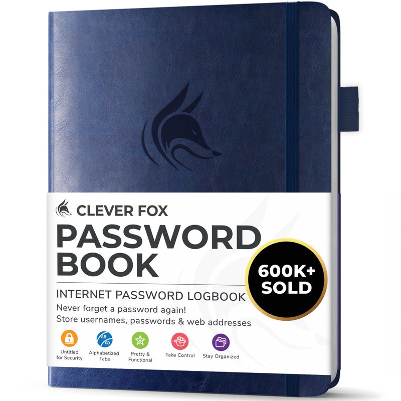 Clever Fox Password Book with alphabetical tabs. Internet Address Organizer Logbook. Small Pocket Password Keeper for Website Logins (Dark Blue) - Image 1