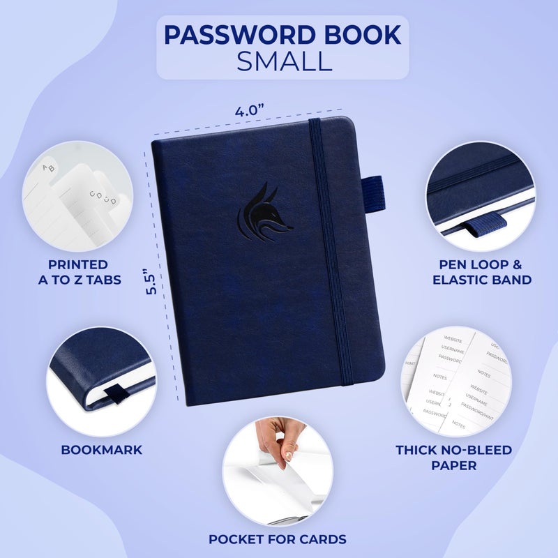 Clever Fox Password Book with alphabetical tabs. Internet Address Organizer Logbook. Small Pocket Password Keeper for Website Logins (Dark Blue) - Image 2