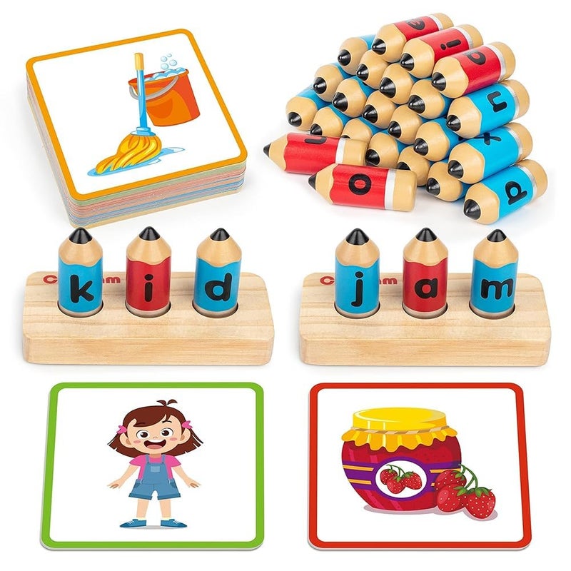 Coogam Coogam Wooden Short Vowel Spelling Games, Learn to Spell CVC Sight Words Educational Flashcards Fine Motor Montessori Alphabet Toy Gift for Kids 3 4 5 Years Old  - Image 1