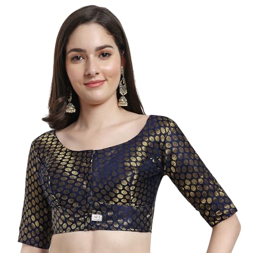 JISB Women's Brocade Round Neck Elbow Sleeve Blouse (42, Navy) - Image 1
